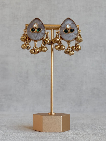 Ayura Designs Aykai Earrings – Grey Carved Teardrop Stud Earrings with Clear Kundan Stones and Gold Ghungroo Drops