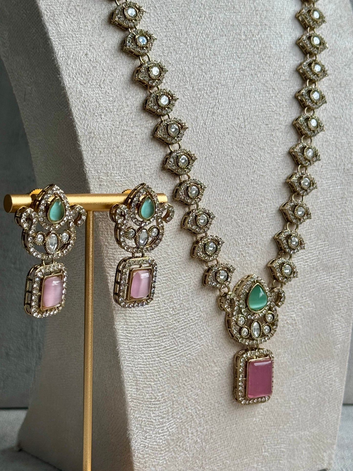 Ayura Designs Aria Set with Earrings – Antique Gold-Finished Ensemble with Soft Green & Blush Pink Stones and Polki Kundan