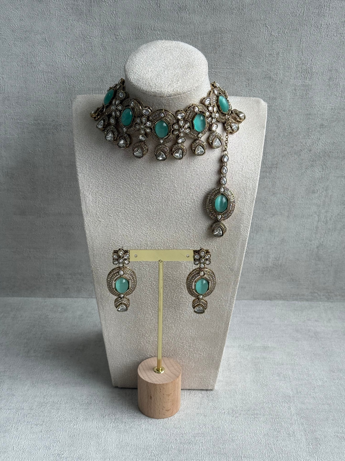 Ayura Designs Emanya Choker Set – Choker, Earrings & Tikka with Mirror-Cut Stones, Aqua & Antique Gold Detailing