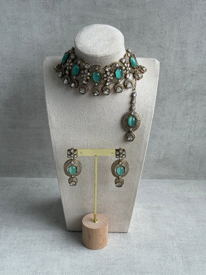 Ayura Designs Emanya Choker Set – Choker, Earrings & Tikka with Mirror-Cut Stones, Aqua & Antique Gold Detailing