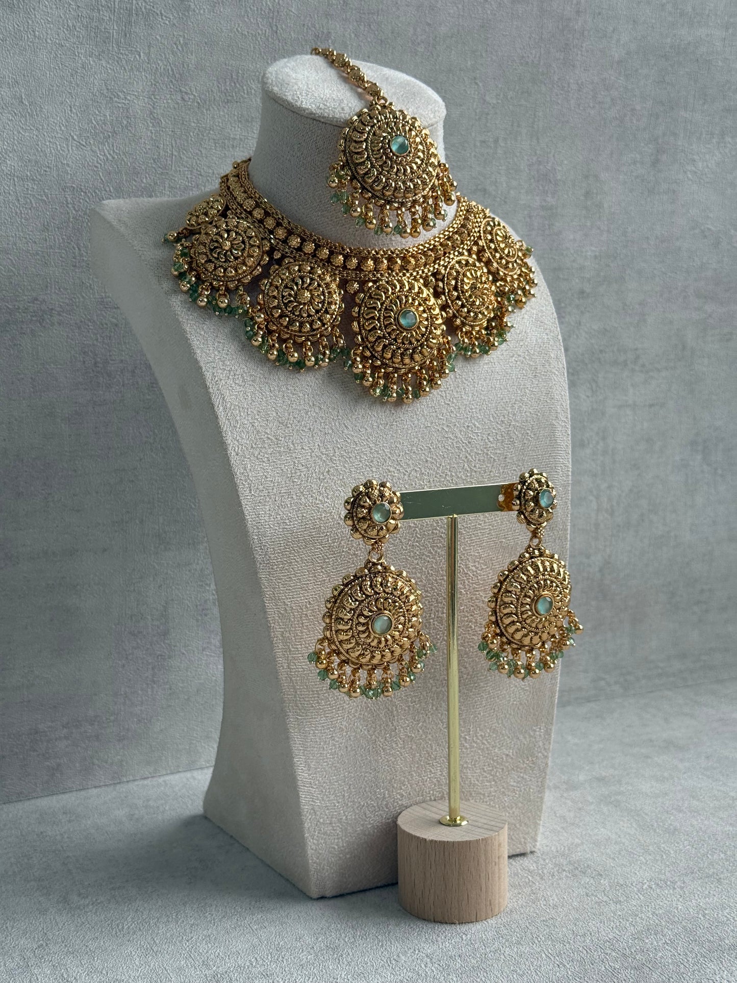 Ayura Designs Rummy Set – Statement Necklace, Earrings & Tikka with Pistachio Green Beads and Polished Gold Finish
