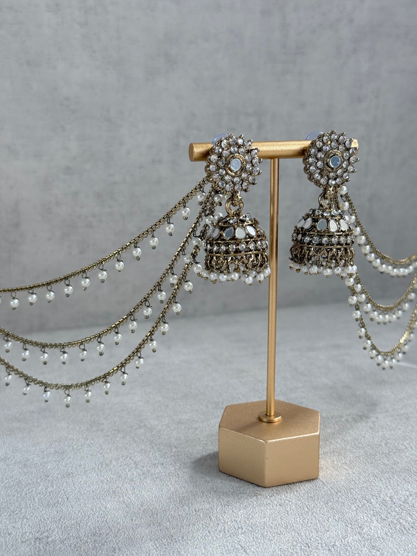 Ayura Designs Aks-e-Noor Jhumkis – Antique Gold Mirror & Crystal Earrings with Detachable Triple-Layer Pearl Sahare
