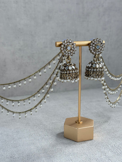 Ayura Designs Aks-e-Noor Jhumkis – Antique Gold Mirror & Crystal Earrings with Detachable Triple-Layer Pearl Sahare