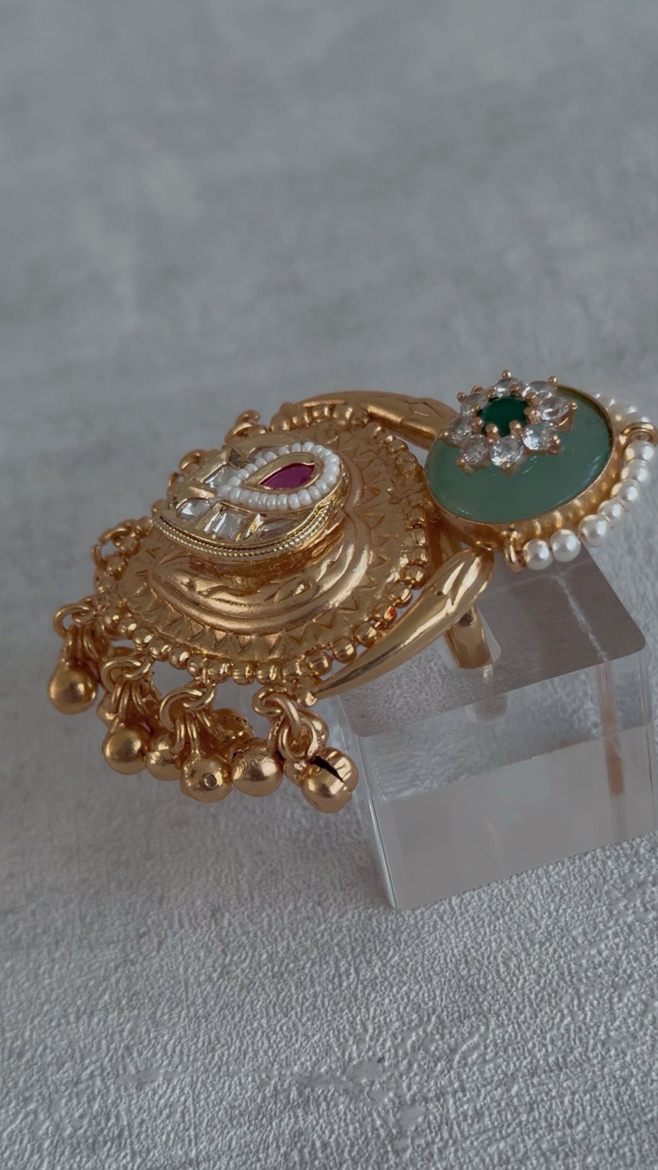 Ayura Designs Sorcha Adjustable Ring – Pistachio Green Enamel, Pearl Detailing, Antique Gold & Mirror-Cut Stones