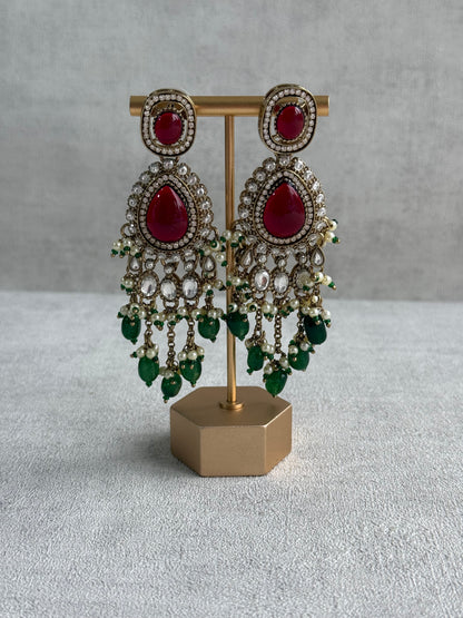 Ayura Designs Sahra Bridal Set with Earrings & Tikka – Ruby Red, Emerald Green, Kundan Stones & Pearls in Antique Gold Finish