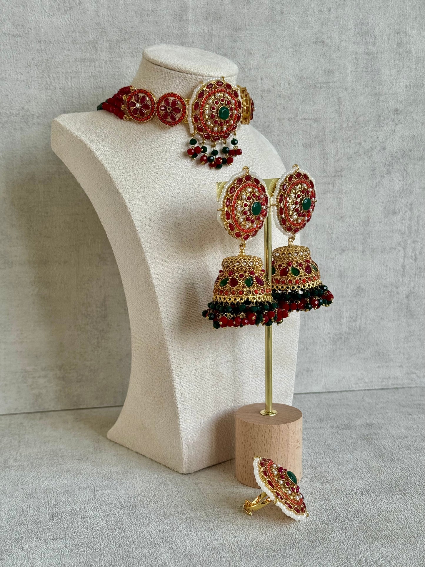 Ayura Designs Lubna Choker Set with Jhumkis & Ring – Ruby Red, Emerald Green & Pearl Detailing in Antique Gold Finish