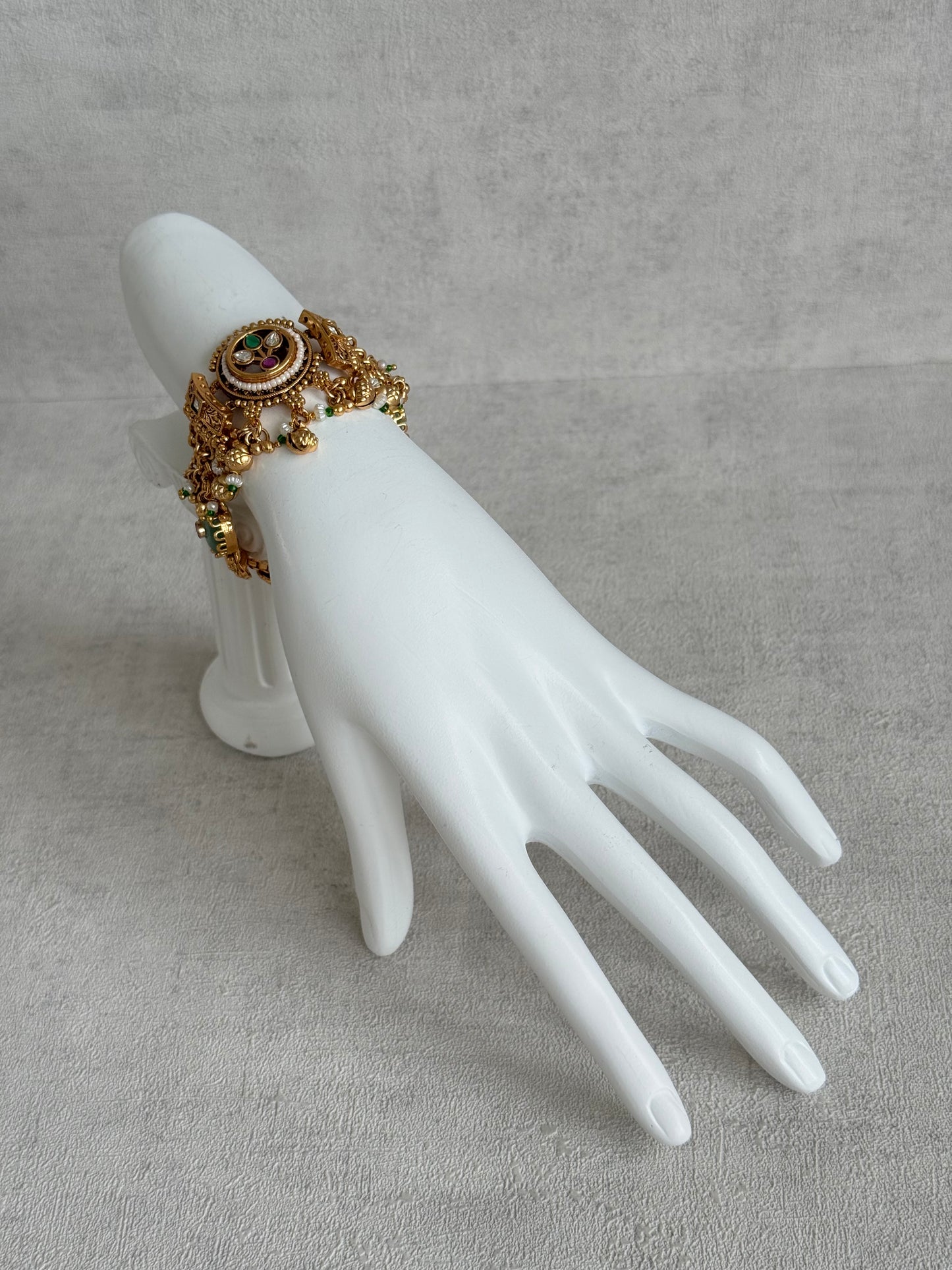 Ayura Designs Pravya Bracelet – Gold Bracelet with Mint, Pink & Green Stones & Ghungroo Detailing