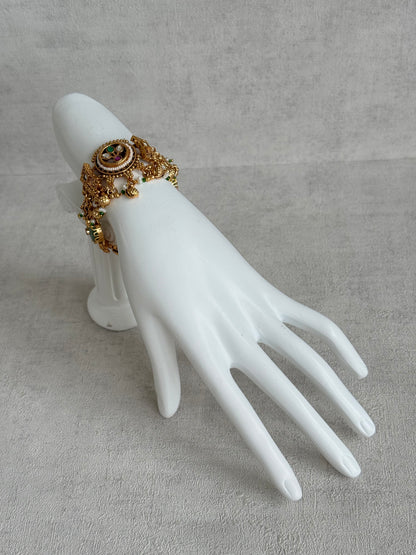 Ayura Designs Pravya Bracelet – Gold Bracelet with Mint, Pink & Green Stones & Ghungroo Detailing
