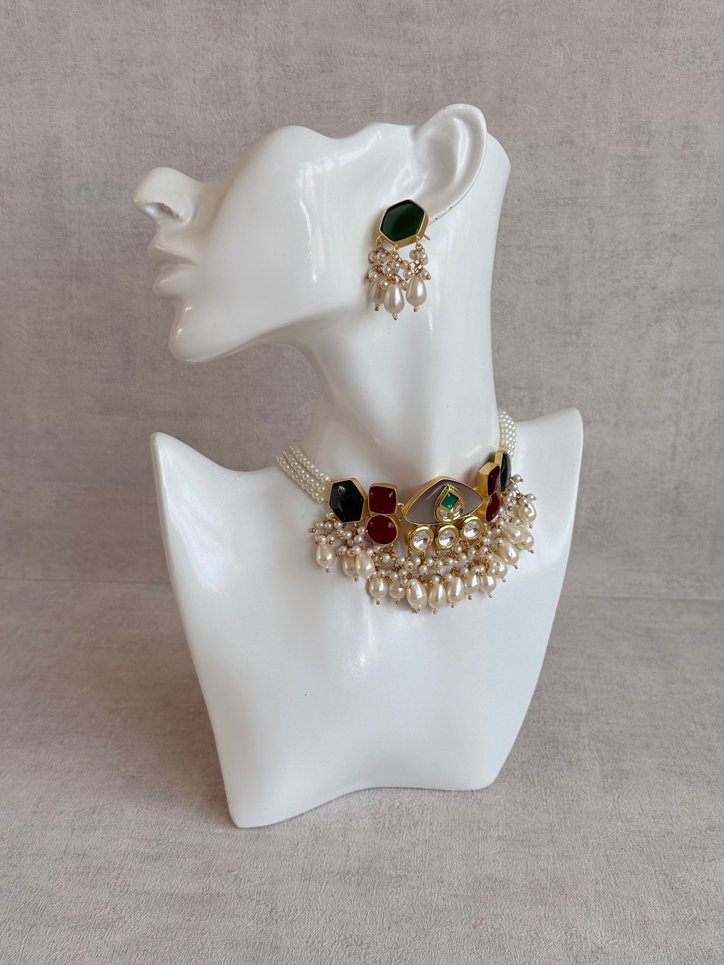Ayura Designs Vahida Choker Set with Earrings – Multicolour Stone Choker with Pearl Drops & Kundan Detailing