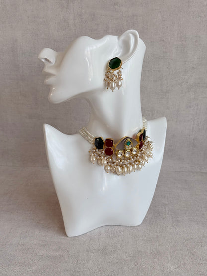 Ayura Designs Vahida Choker Set with Earrings – Multicolour Stone Choker with Pearl Drops & Kundan Detailing