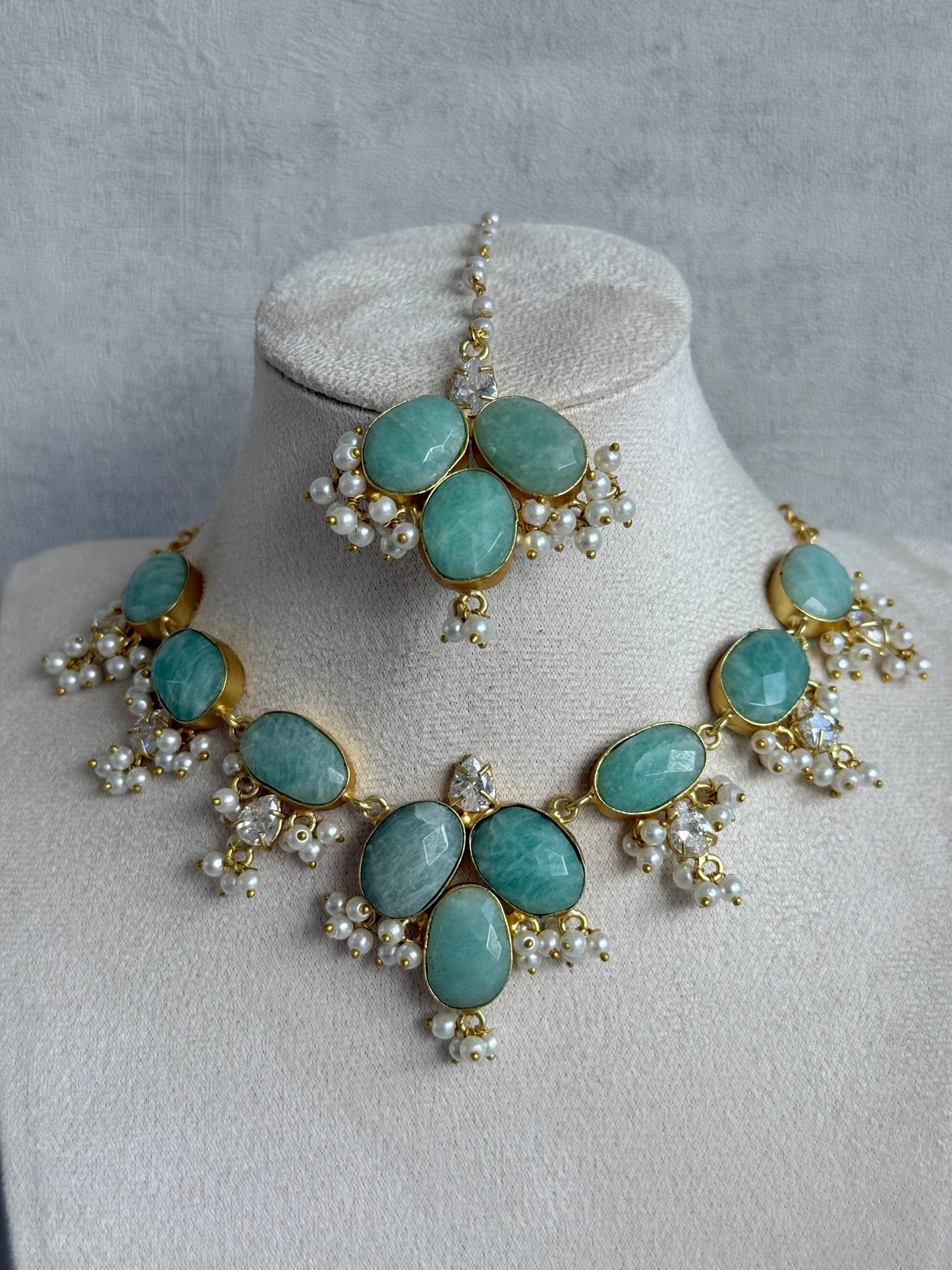 Ayura Designs Anahita Set with Tikka & Earrings – Amazonite, Crystals & Pearls