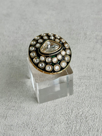 Ayura Designs Firdos Adjustable Ring – Mirror-Cut Stone Statement Ring with Green Enamel