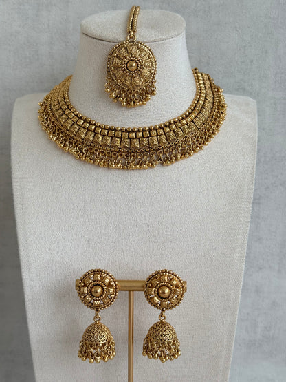Ayura Designs Iksirat Necklace Set with Jhumkis & Tikka – Gold Heritage Design with Ghungroo Detailing