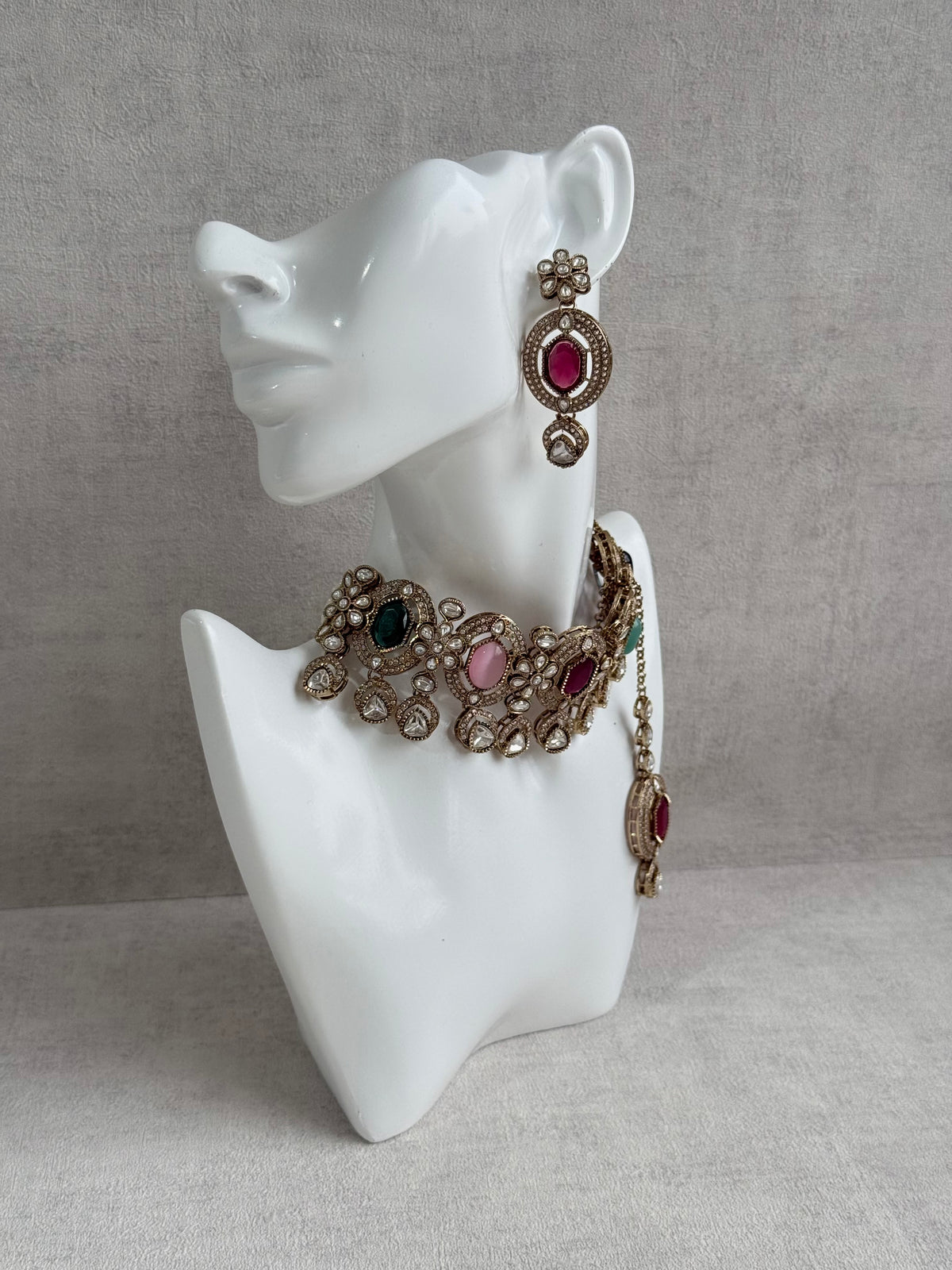 Ayura Designs Emanya Choker Set – Choker, Earrings & Tikka with Mirror-Cut Stones, Multicolour & Antique Gold Detailing