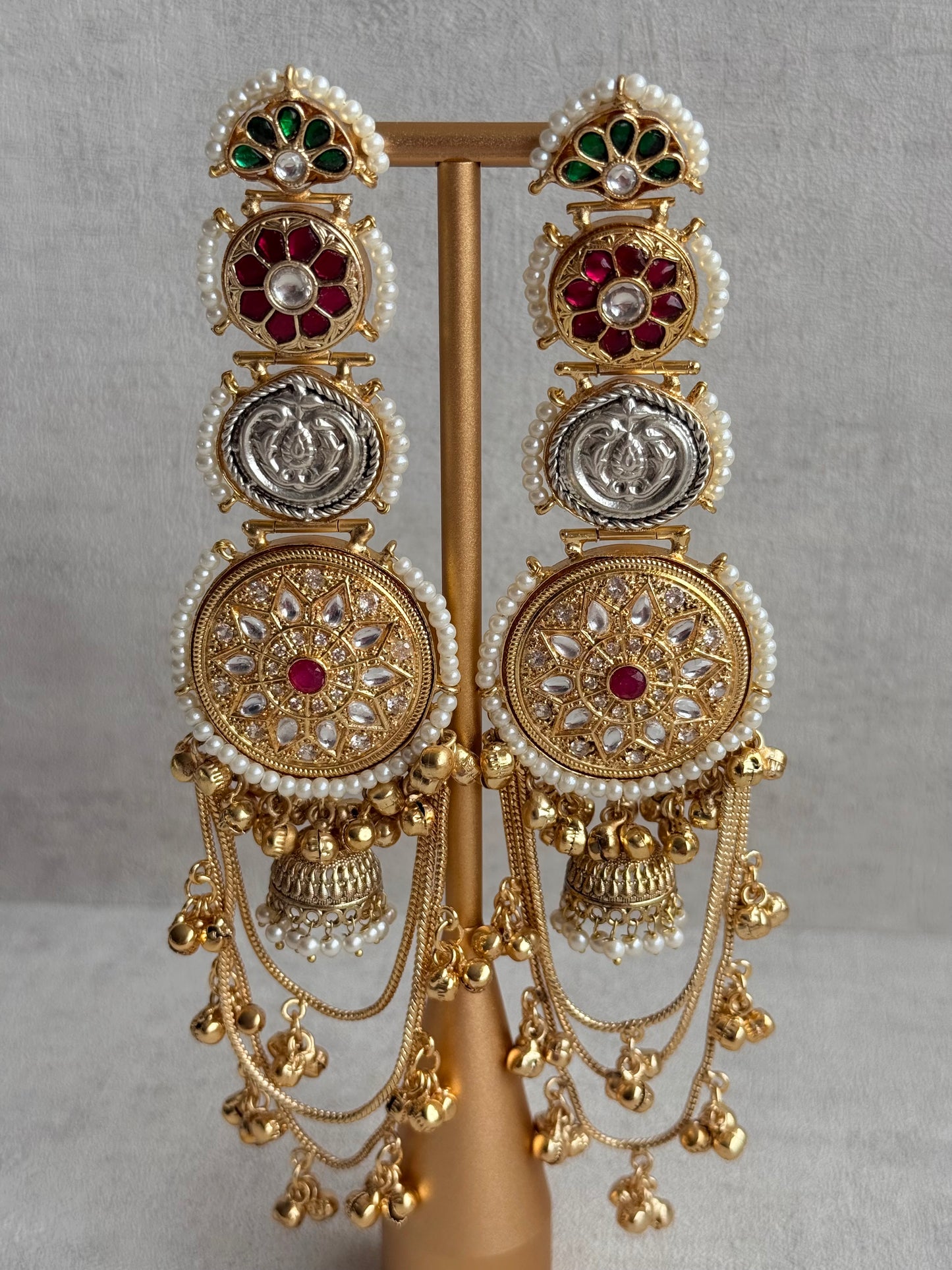 Ayura Designs Zeenia – Statement Kashmiri Earrings with Pearl Borders, Jhumki Drops, Multicolour Meenakari & Ghungroos