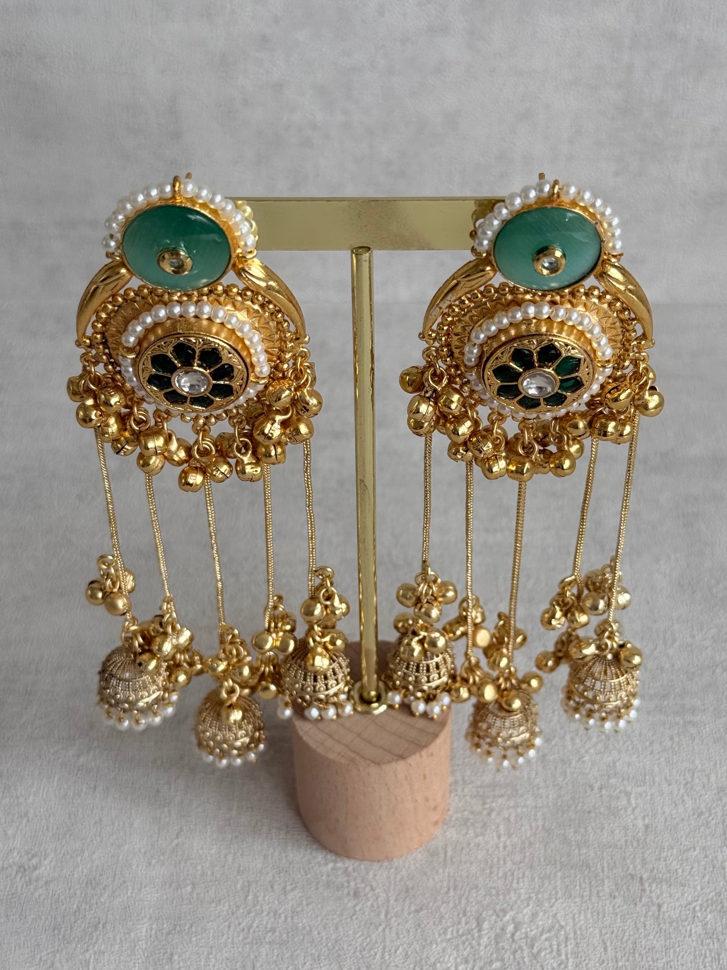 Ayura Designs Shagan Earrings – Mint Green Statement Earrings with Multi Jhumki Drops, Pearl Detailing & Ghungroo Accents