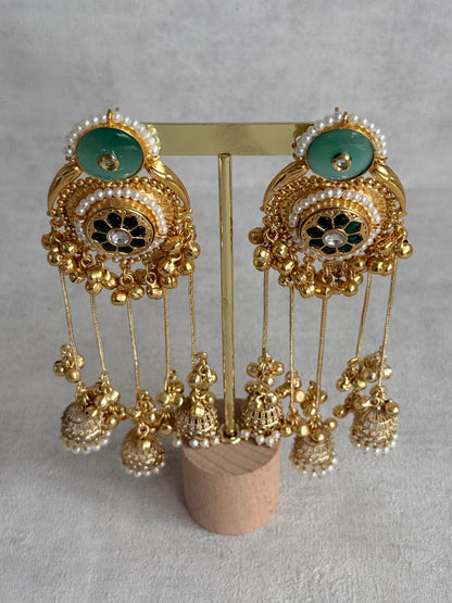 Ayura Designs Shagan Earrings – Mint Green Statement Earrings with Multi Jhumki Drops, Pearl Detailing & Ghungroo Accents