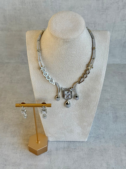 Ayura Designs Estrella Set with Necklace & Earrings – Silver Finish, Moissanite-Inspired Stones and Teardrop Charms
