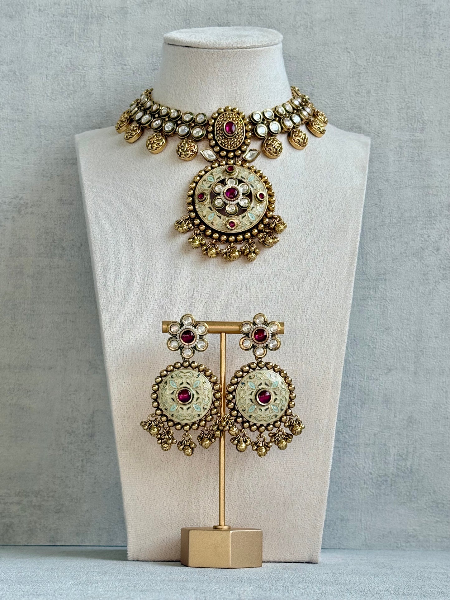 Ayura Designs Zayna Set with Necklace & Earrings – Ivory Meenakari with Rani Pink Stones