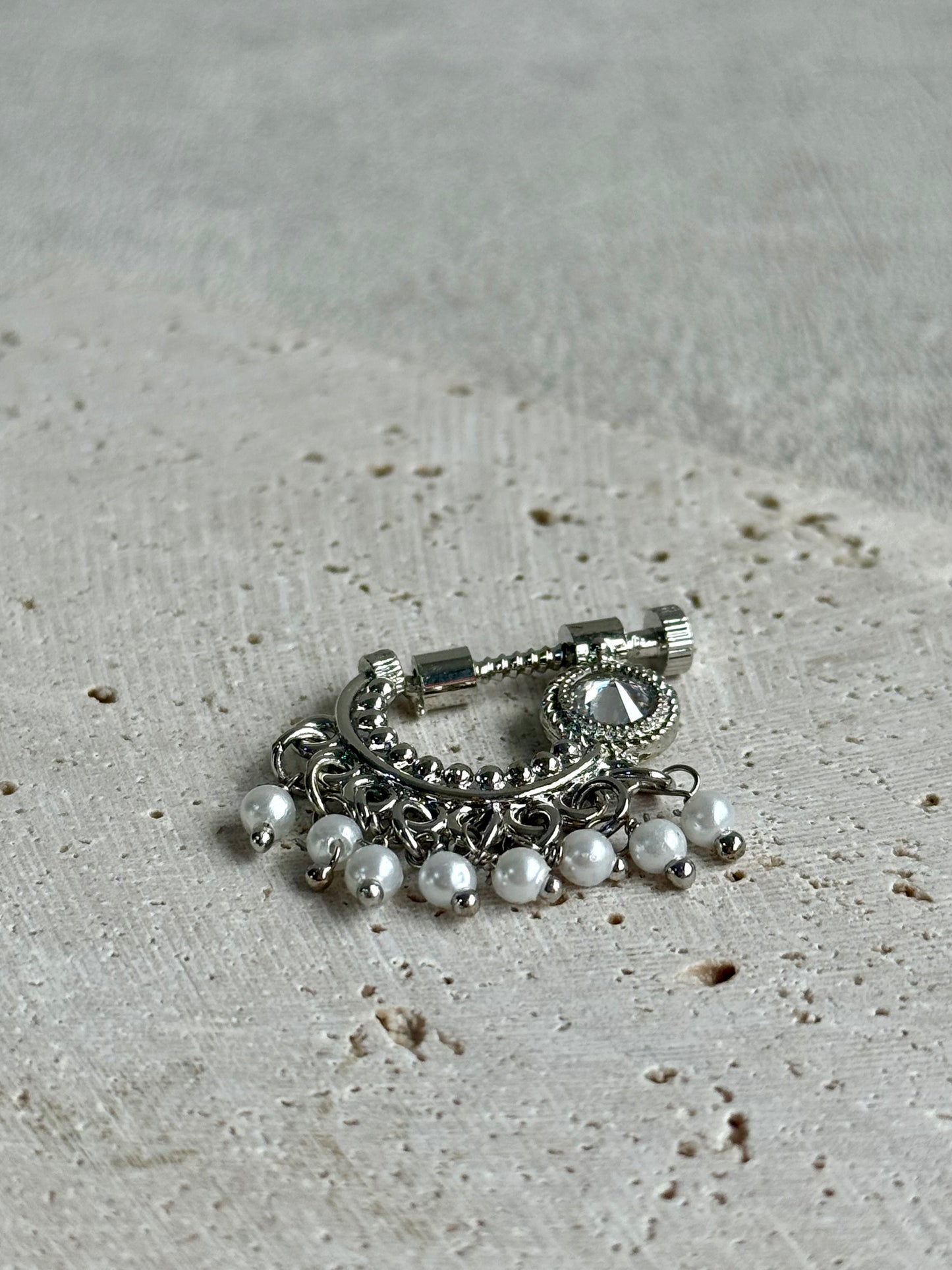 Ayura Designs Jalwa Nose Ring – Silver Finish with Mirror-Cut Stone & Pearl Fringe