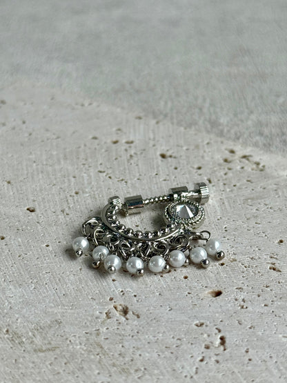 Ayura Designs Jalwa Nose Ring – Silver Finish with Mirror-Cut Stone & Pearl Fringe