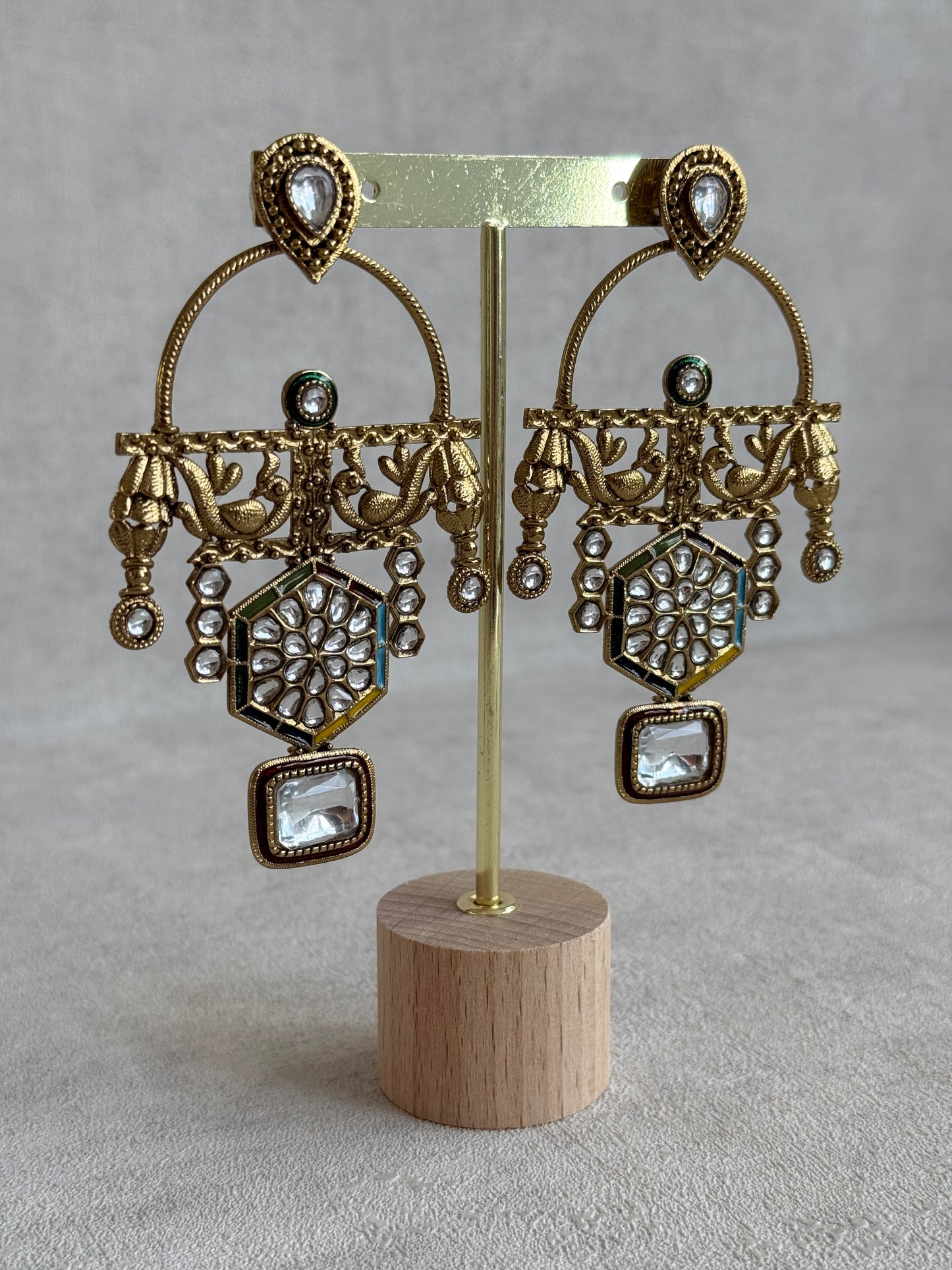 Ayura Designs Irene Earrings – Multicolour Kundan, Meenakari & Crystal Peacock Chandeliers in Gold