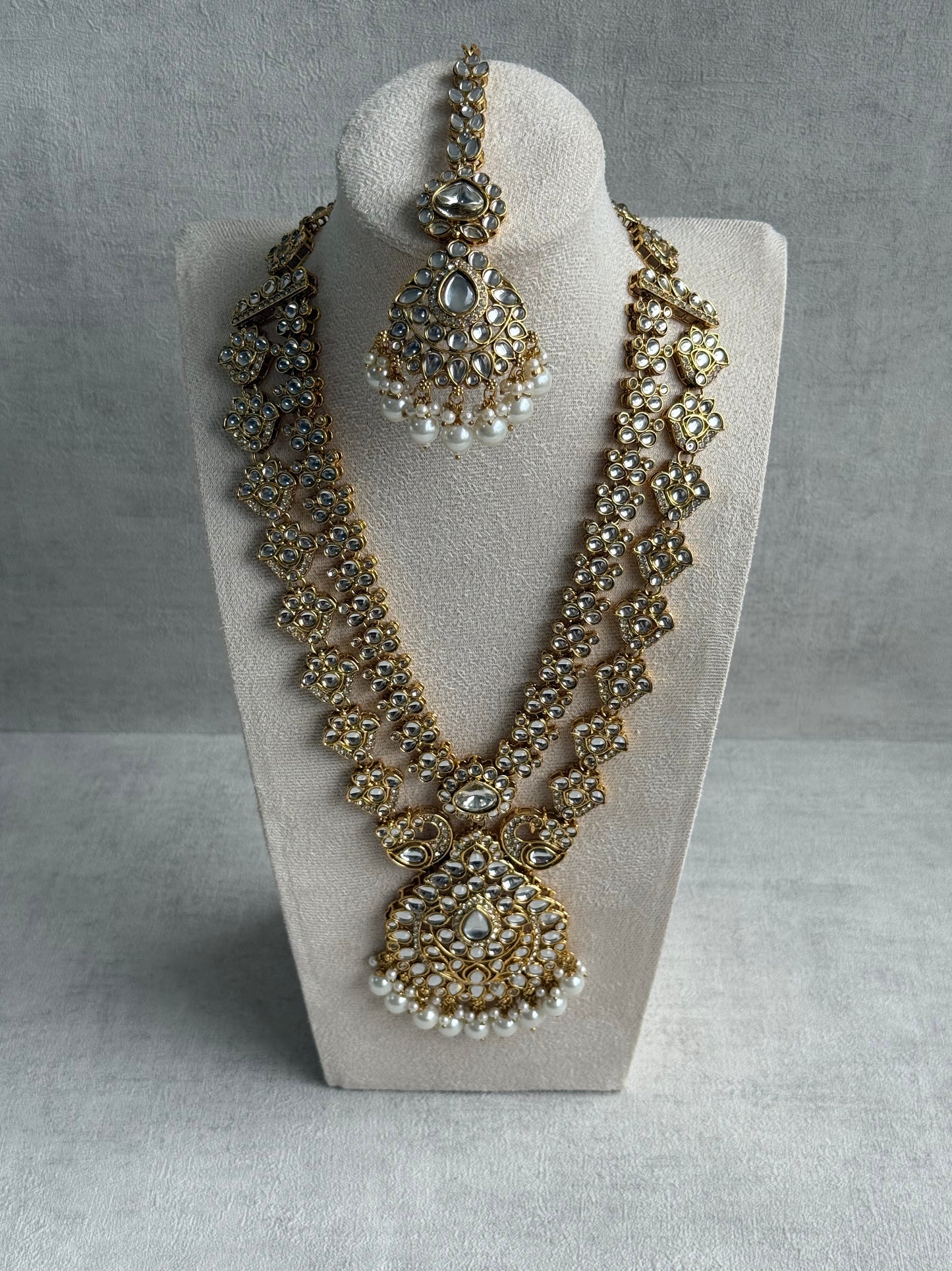 Ayura Designs Javeria Set with Earrings & Tikka – Ivory Pearls, Mirror Kundan & Gold Finish