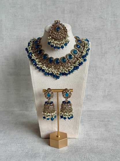 Ayura Designs Zubi Set with Jhumkis & Tikka – Deep Blue Stones, Pearl Detailing & Antique Gold Finish