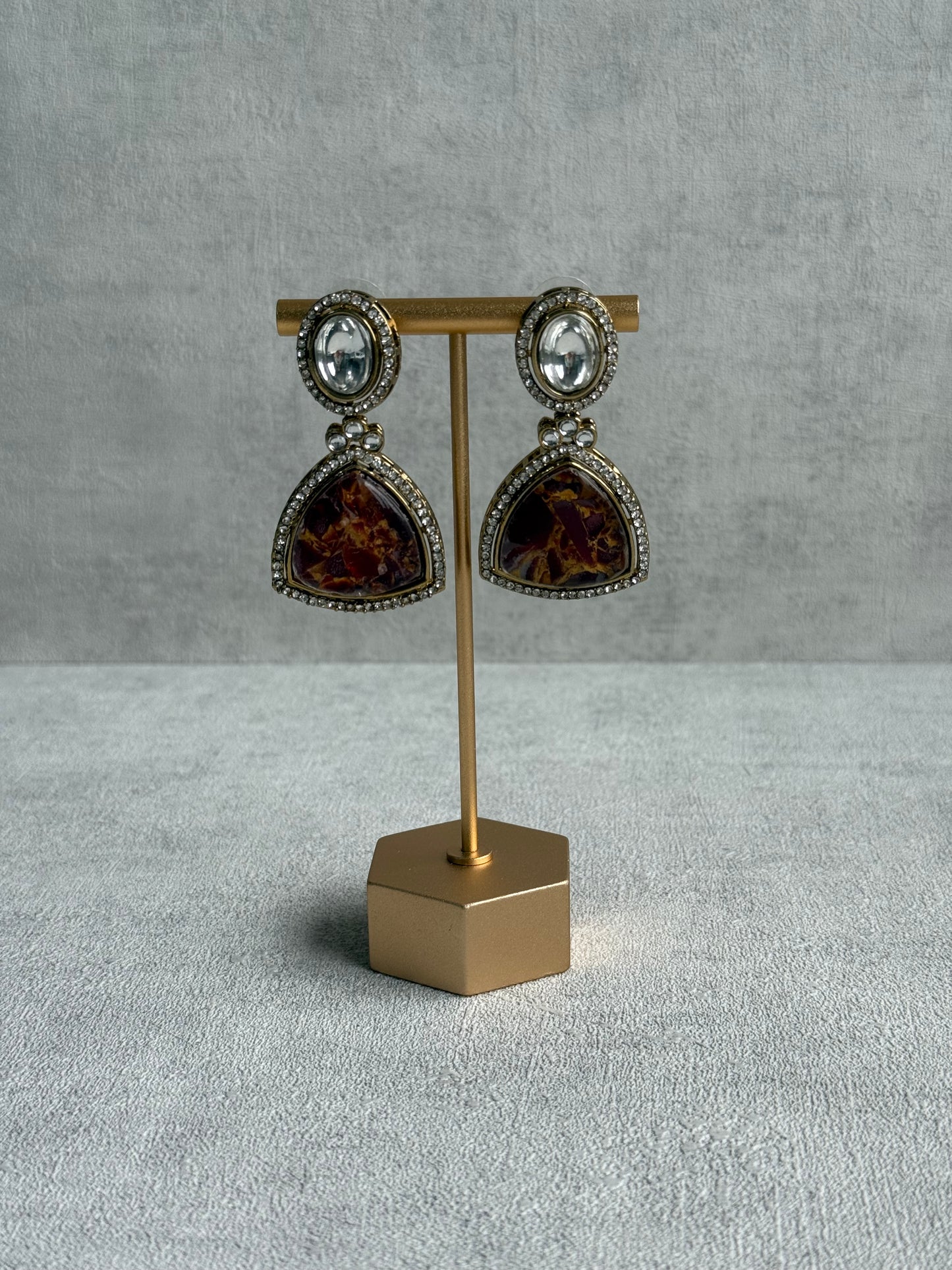 Ayura Designs Florence Earrings – mirror cut studs with Burnt Crimson Marble Resin & Crystal Borders