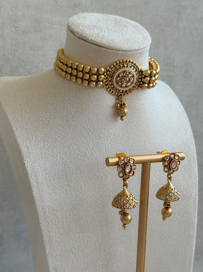 Ayura Designs Kavish Choker Set – Antique Gold Choker with Jhumkis in Champagne Stones & Pearl Detailing