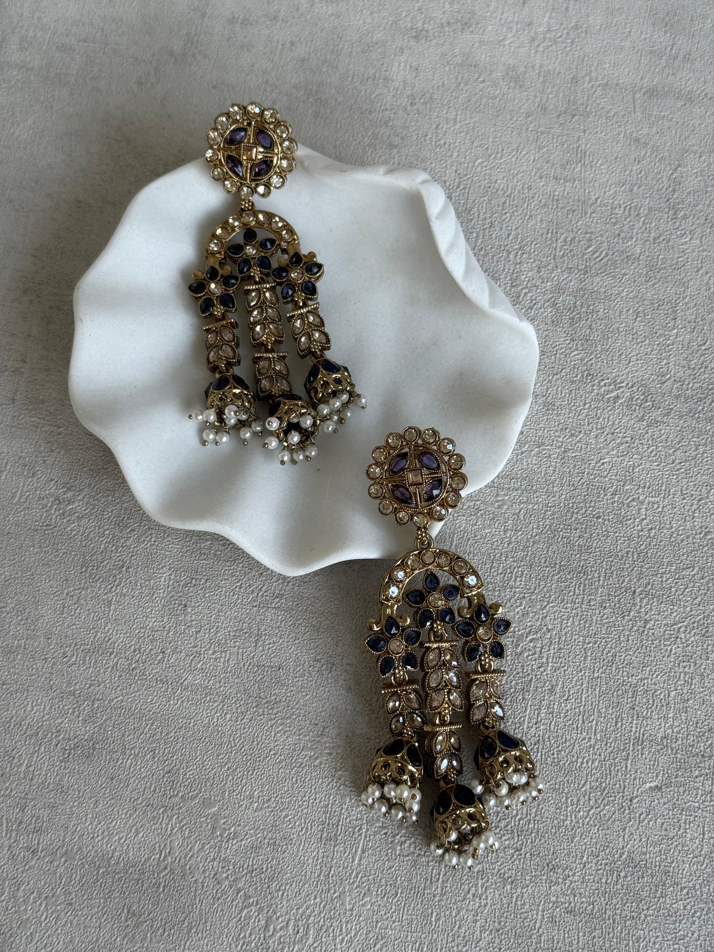 Ayura Designs Soraya Earrings – Ink Blue Stones, Champagne Crystals, Pearl Detailing & Gold Finish