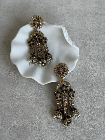 Ayura Designs Soraya Earrings – Ink Blue Stones, Champagne Crystals, Pearl Detailing & Gold Finish