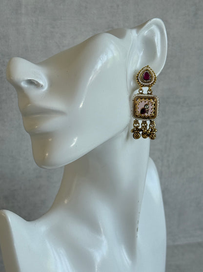Ayura Designs Inira Drop Earrings – Blush Pink Enamel Bird Earrings with Rani Pink Kundan & Ghungroo Drops