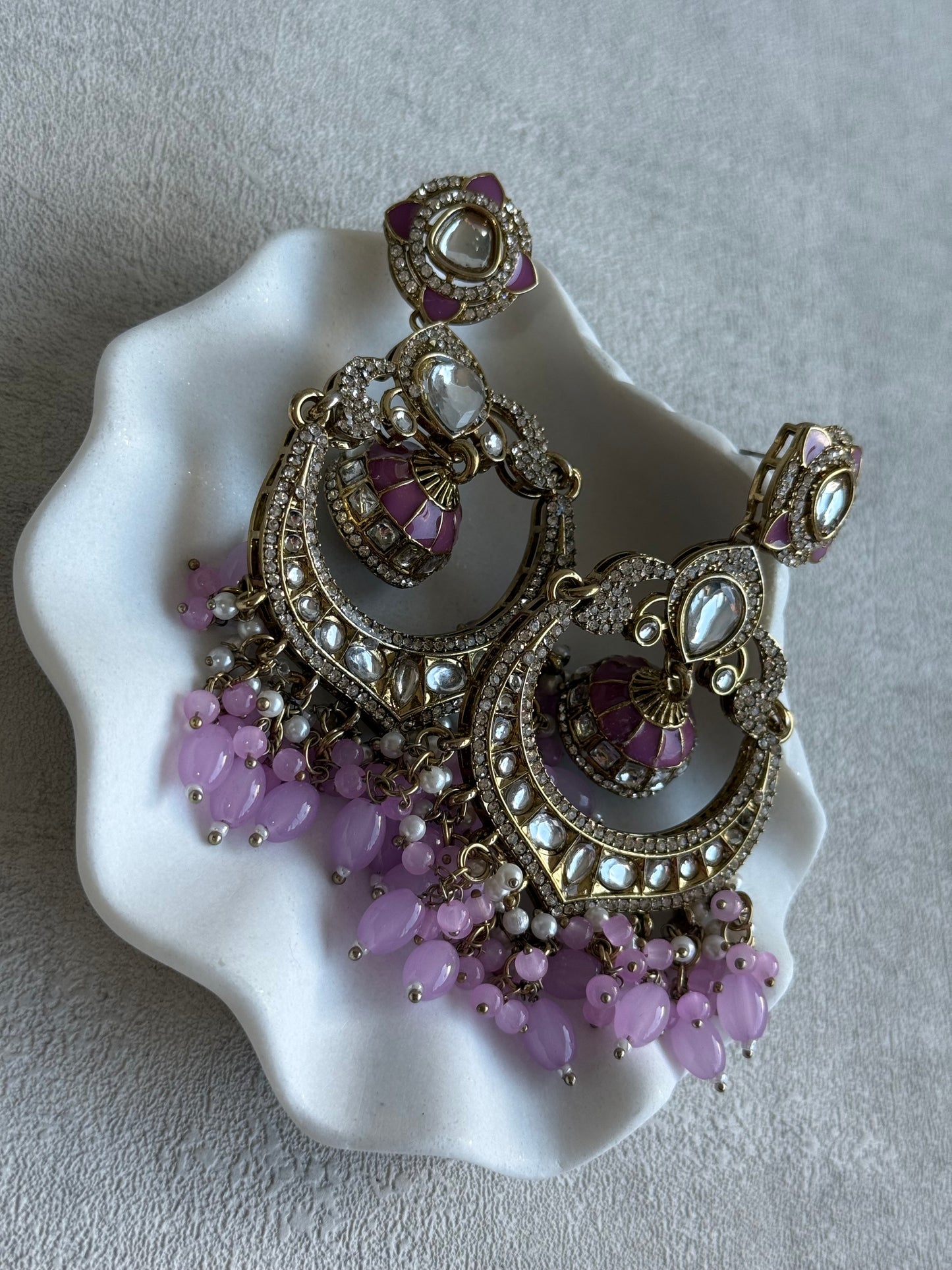 Ayura Designs Reha Earrings – Statement Chandbalis with Lavender Pink Beads, Pearls & Mirror-Cut Stones