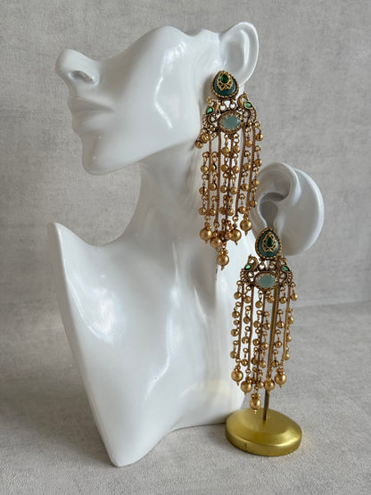 Ayura Designs Pakhi Earrings – Peacock Statement Earrings with Green Stones & Ghungroo Chain Tassels
