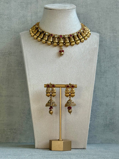 Ayura Designs Aima Necklace Set with Earrings – Antique Gold with Rani Pink Stones