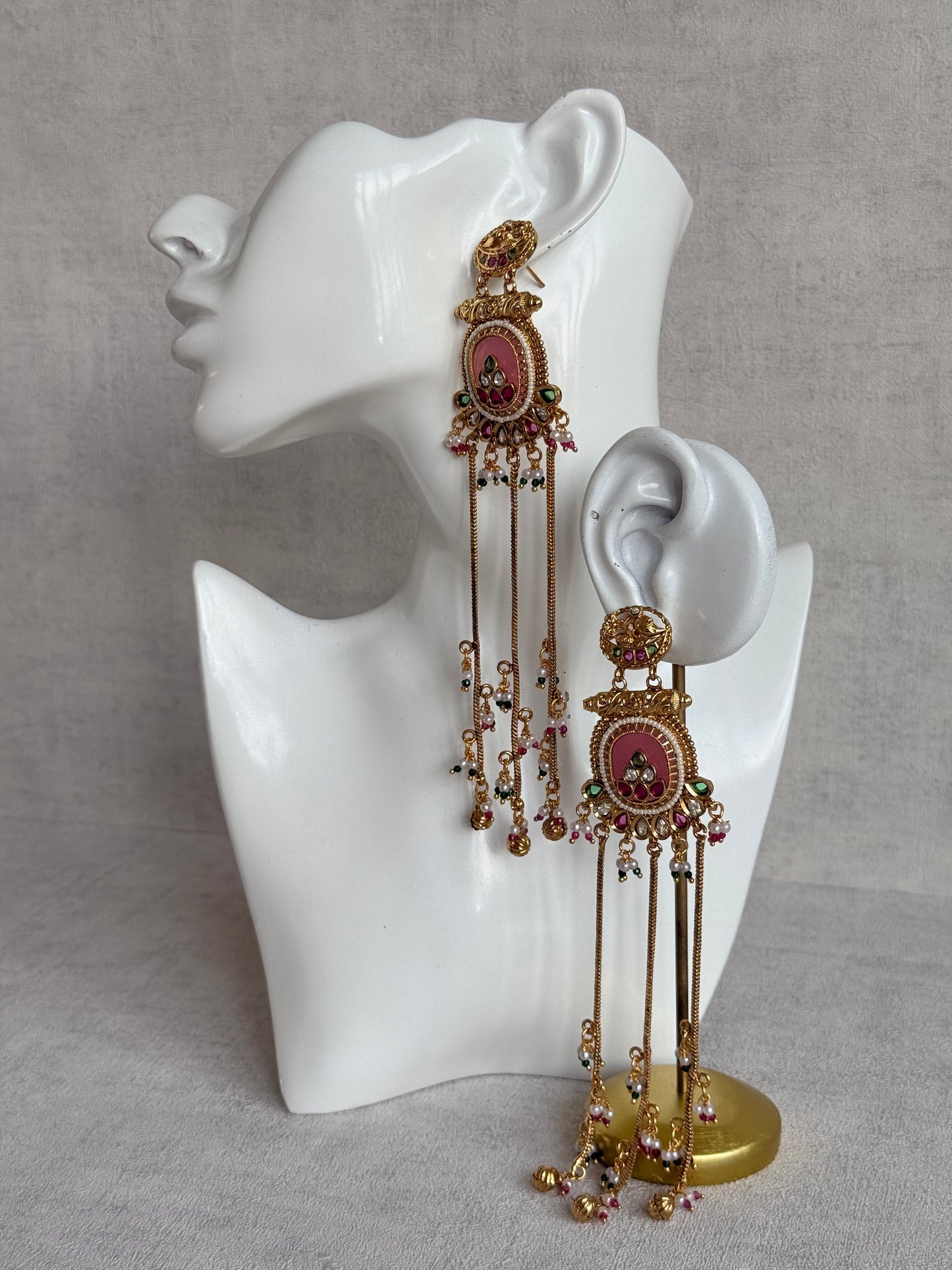 Ayura Designs Kaveri Earrings – Gold Long Chain Drop Earrings with Kundan, Pearls & Ghungroo Detailing – Rose Pink