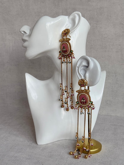 Ayura Designs Kaveri Earrings – Gold Long Chain Drop Earrings with Kundan, Pearls & Ghungroo Detailing – Rose Pink