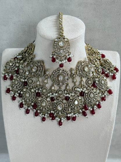 Ayura Designs Fazal Set with Necklace, Earrings & Tikka – Ruby Red Drops, Pearl Detailing & Moissanite Stonework