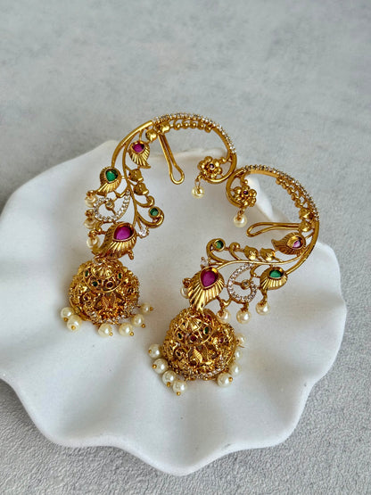 Ayura Designs Nalini Jhumkis – Gold Half Ear Cuffs with Multicolour Stone Accents, Crystal Detailing & Pearl Jhumka Drops