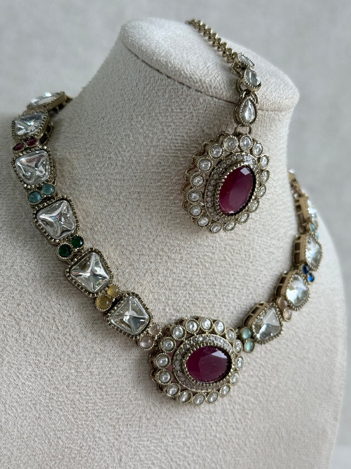 Ayura Designs Inza Necklace Set – Rani Pink, Multicolour Stones, Kundan & Crystals with Antique Gold Finish
