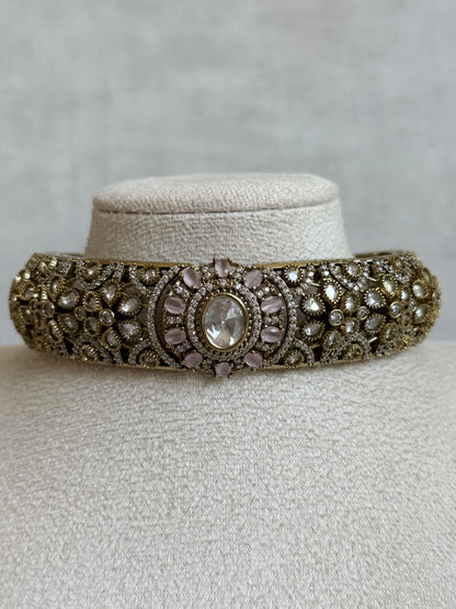 Ayura Designs Genevieve Choker Set with Studs – Blush Pink Crystal Kundan in Antique Gold