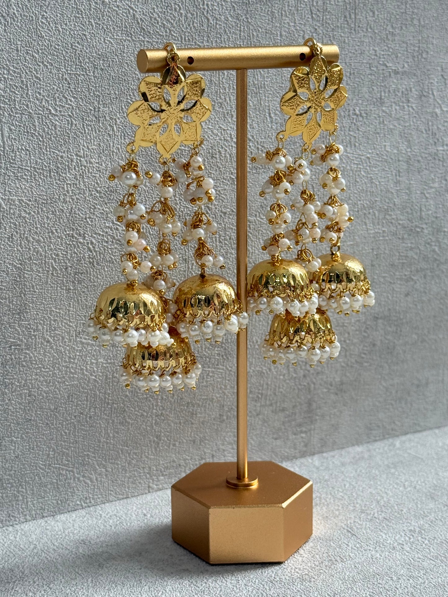 Ayura Designs Sassi Earrings – Pippal Patti Triple Jhumki Earrings with Pearl Cluster Detailing