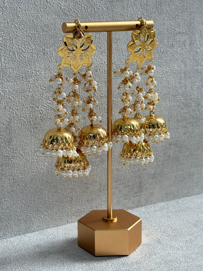 Ayura Designs Sassi Earrings – Pippal Patti Triple Jhumki Earrings with Pearl Cluster Detailing