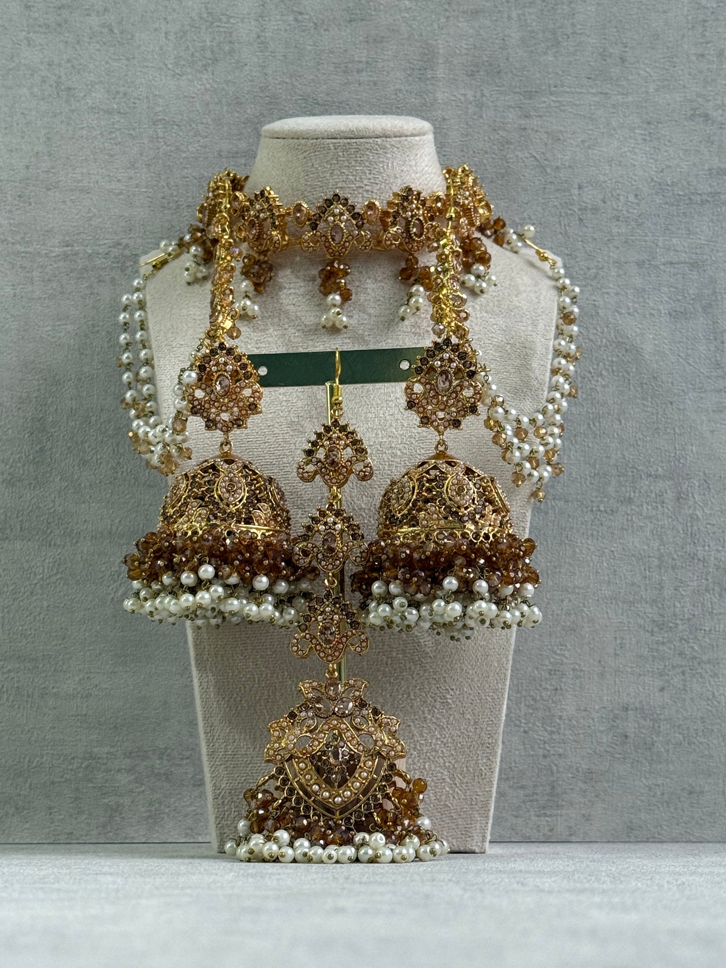 Ayura Designs Noor Set – Choker, Jhumkis with Sahare & Tikka in Champagne Gold with Pearl Detailing