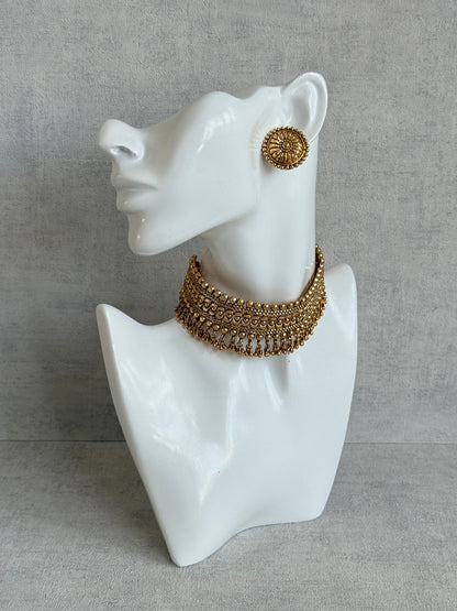 Ayura Designs Tavnoor Choker Set with Stud Earrings – Antique Gold Statement Choker with Traditional Bead Detailing