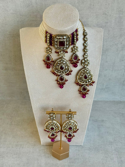 Ayura Designs Zarmeen Choker Set with Earrings & Tikka – Mirror-Cut Stones, Antique Gold Finish and Magenta Beads