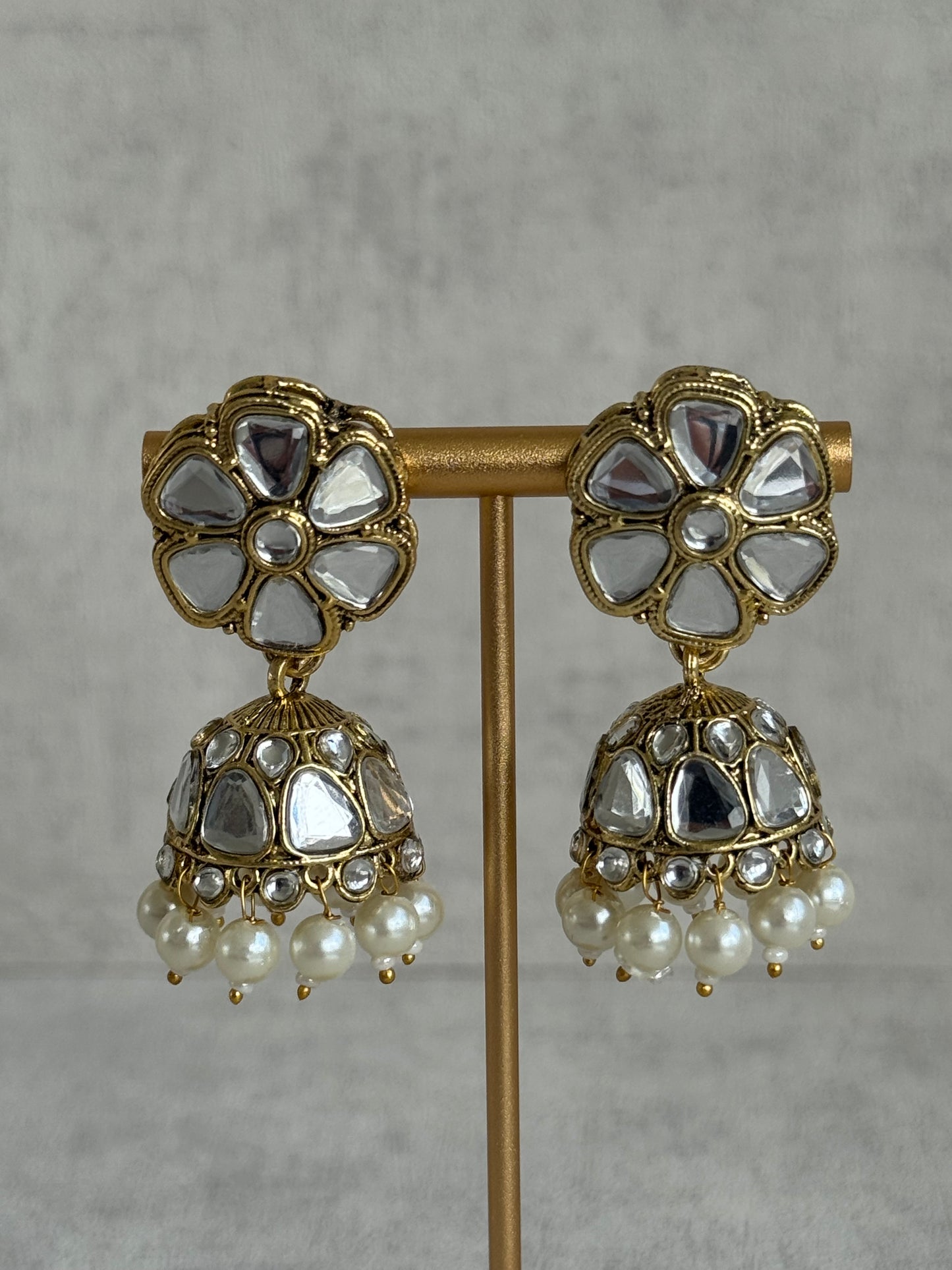 Ayura Designs Mishal Set with Jhumkis & Tikka – Ivory Pearls & Mirror-Cut Stones