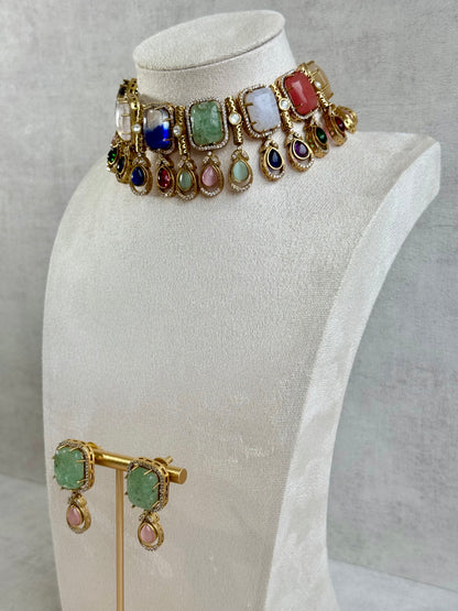 Ayura Designs Adelaide Necklace Set with Earrings – Multicolour Moissanite with Green Stone Drop Earrings