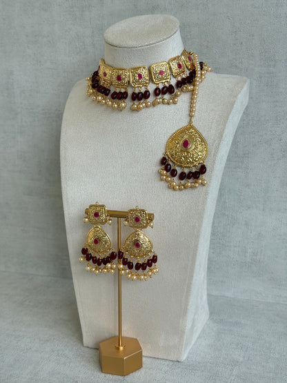Ayura Designs Chetna Choker Set with Earrings & Tikka – Maroon Beads, Cream Pearl Drops with Pipal Patti Detailing